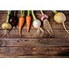 Fresh vegetables on a wooden table. Rustic style. Vegetarianism. Organic food. Space for text.