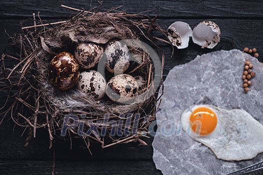 Quail eggs in the nest and a fried egg on a wooden board. Low contrast. Instagram toned. Quail eggs in the nest and a fried egg on a wooden board. Low contrast. Instagram toned.