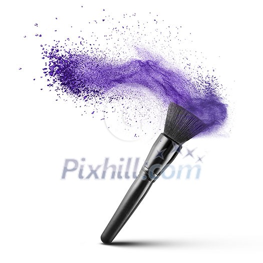 makeup brush with blue powder isolated on white makeup brush with blue powder isolated on white