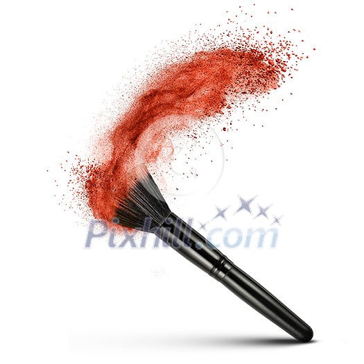 makeup brush with red powder isolated on white