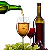 White wine pouring into glass with grape and bottles isolated