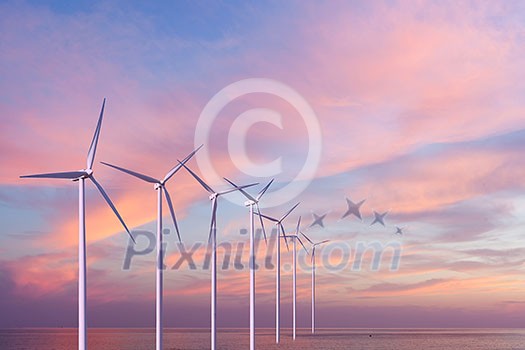 Wind generators turbines in the sea on sunset