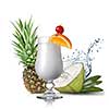 pina colada cocktail in front of pineapple and coconut isolated on white