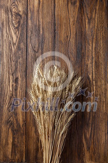 wheat on wooden background. top view