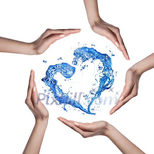 Heart from water splash with human hands isolated on white Heart from water splash with human hands isolated on white