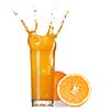 splash of juice in the glass with orange isolated on white