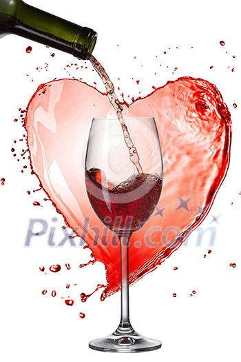 Red wine pouring into glass with splash against heart isolated on white