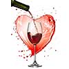 Red wine pouring into glass with splash against heart isolated on white