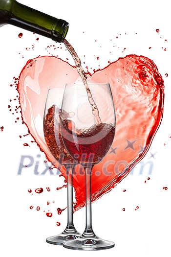 Red wine pouring into glasses with splash against heart isolated on white