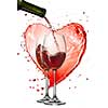 Red wine pouring into glasses with splash against heart isolated on white