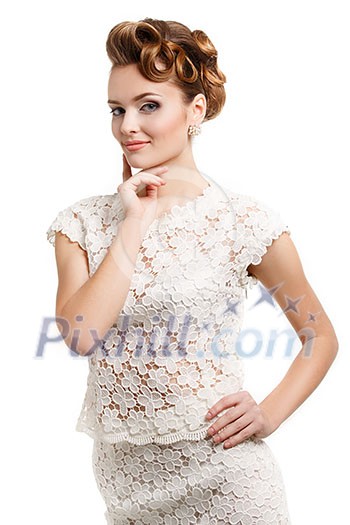 Elegant smiling woman with hair on a white background