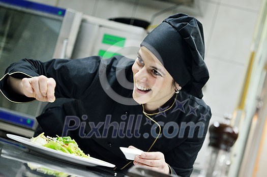 beautiful young chef woman prepare and decorating tasty food in kitchen beautiful young chef woman prepare and decorating tasty food in kitchen