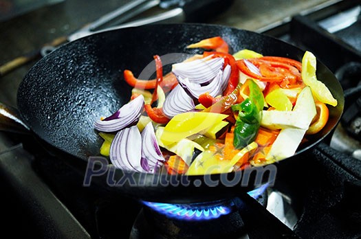 grill meat bbq and vegetable on stick prepare in kitchen at restaurant