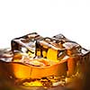 Splash of whiskey with ice in glass isolated on white background