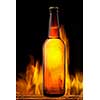 Beer bottle in fire on black