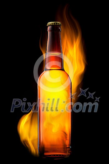 Beer bottle in fire on black