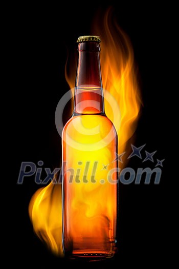 Beer bottle in fire on black Beer bottle in fire on black