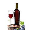 Glass of red wine, bottle and grape on stump isolated on white