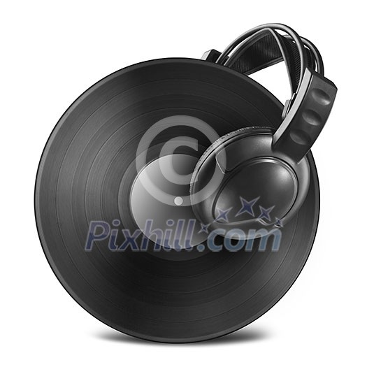 Black vinyl record disc with headphones isolated on white Black vinyl record disc with headphones isolated on white