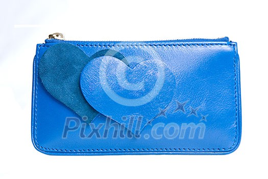 blue leather purse with hearts isolated on white