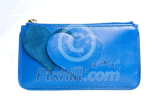 blue leather purse with hearts isolated on white blue leather purse with hearts isolated on white