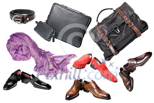 set of male shoes, accessories and bags isolated on white