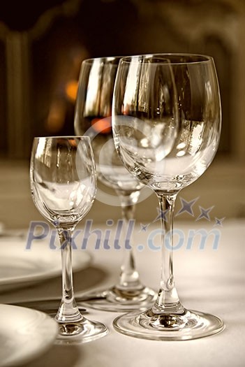 Glass goblets on the table Glass goblets on the table