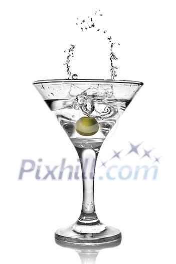martini with olive and splash isolated on white martini with olive and splash isolated on white