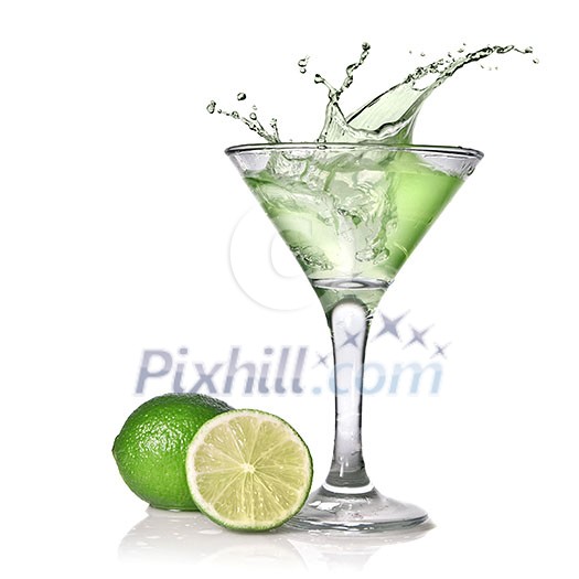 Green alcohol cocktail with splash and green lime isolated on white Green alcohol cocktail with splash and green lime isolated on white