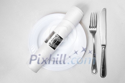 knife, fork, plate and napkin in restaurant knife, fork, plate and napkin in restaurant