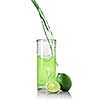 green juice with lime pouring into glass isolated on white