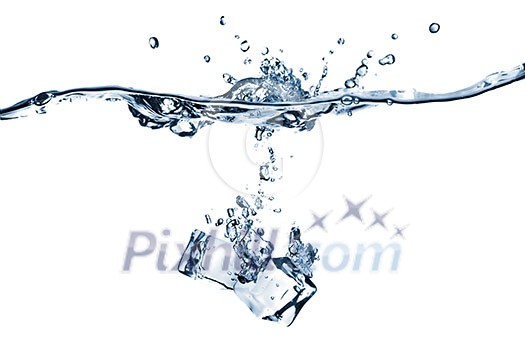 ice cubes dropped into water with splash isolated on white ice cubes dropped into water with splash isolated on white