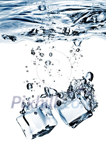 ice cubes dropped into water with splash isolated on white ice cubes dropped into water with splash isolated on white