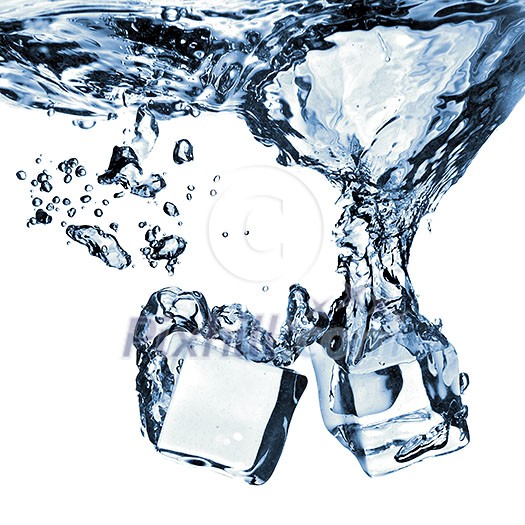 ice cubes dropped into water with splash isolated on white
