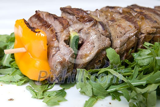 shashlik with potherbs on the plate shashlik with potherbs on the plate
