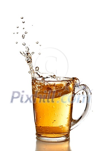 lemon dropped into tea cup with splash isolated on white lemon dropped into tea cup with splash isolated on white