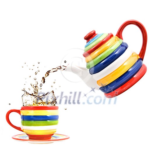 color teapot with cup and splash of tea isolated on white