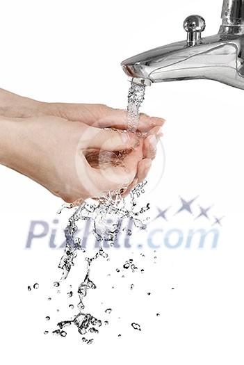 hands with pouring water isolated on white