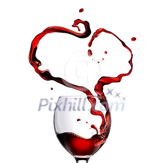 Heart made of pouring red wine in glass isolated on white