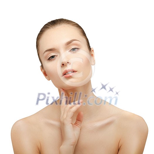 Beauty Portrait. Beautiful Woman Touching her Face. Perfect Fresh Skin. Isolated on White Background. Pure Beauty Model. Youth and Skin Care Concept