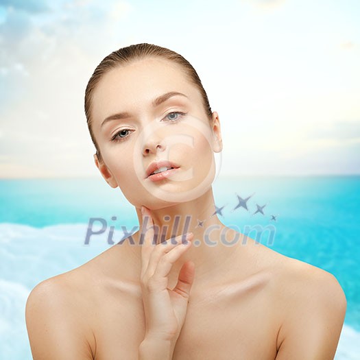 Beauty Portrait. Girl on background of the sea. Perfect and healthy skin. The Dead Sea.