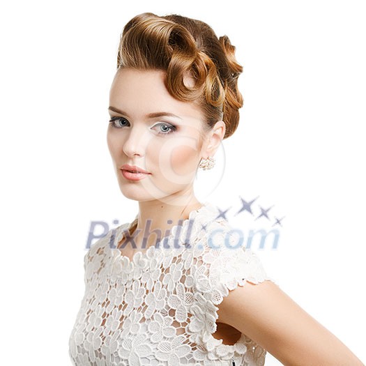 Elegant woman with hairstyle on white background.