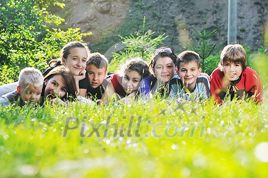 happy children group have fun outdoor in nature at suny day happy children group have fun outdoor in nature at suny day