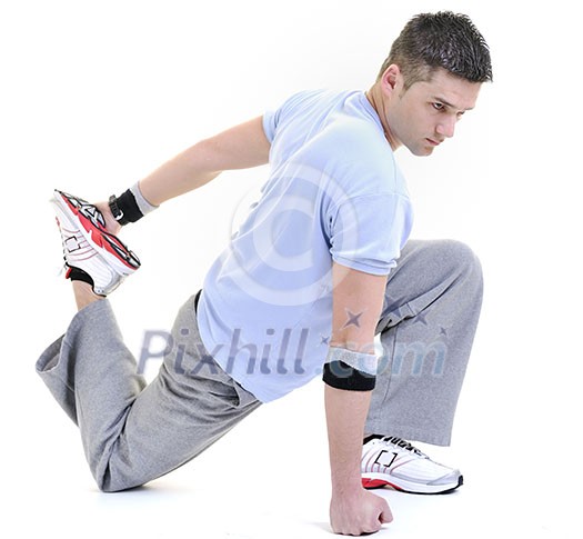young man exercise fitness sport and strech isolated on white in studio young man exercise fitness sport and strech isolated on white in studio
