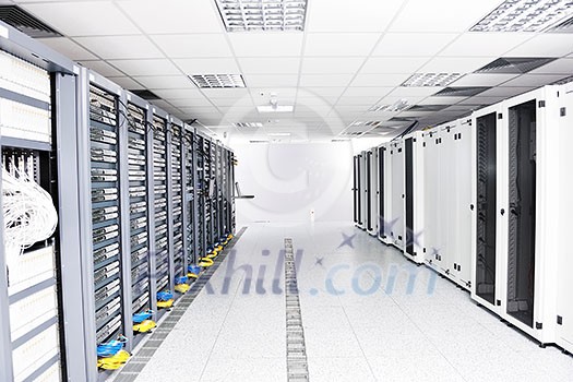 network server room with computers for digital tv ip communications and internet