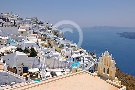 summer vacation on beautiful vulcanic island santorini at greece