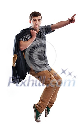 young boy man teen dancing and jumping isolated on white background in studio