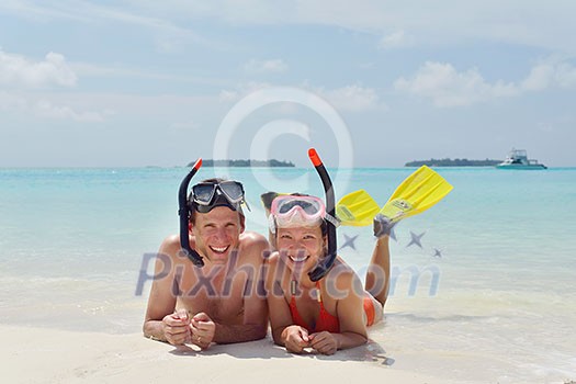 happy young romantic couple in love have fun running and relaxing on beautiful beach