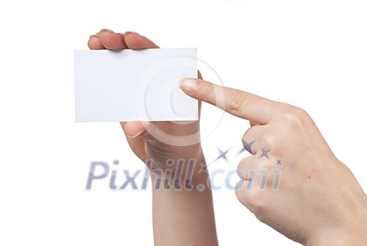 Woman hand holding empty visiting card and pointing on it isolated on white