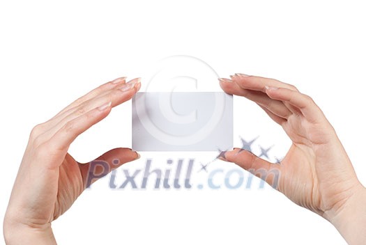 Woman hand holding empty visiting card isolated on white